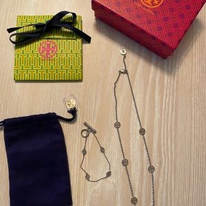 TORY BURCH Silver Logo Station Necklace and Toggle Bracelet Set